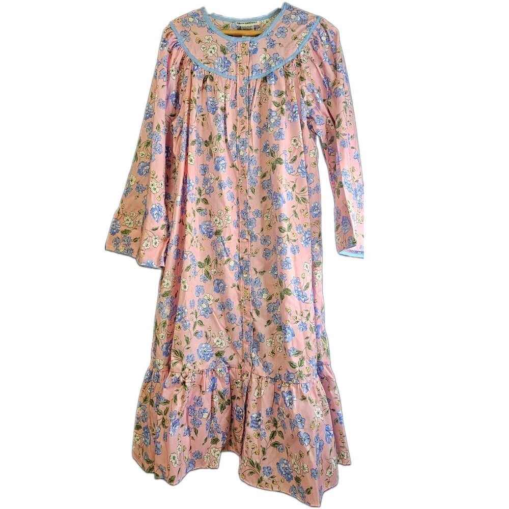 Vintage 80s Alternatives Floral House Dress Pink Blue Button Front USA.